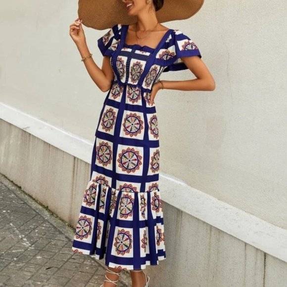 blue contemporary Floral Shirred Dress with Mermaid hem & Butterfly Sleeve - Picture 5 of 6